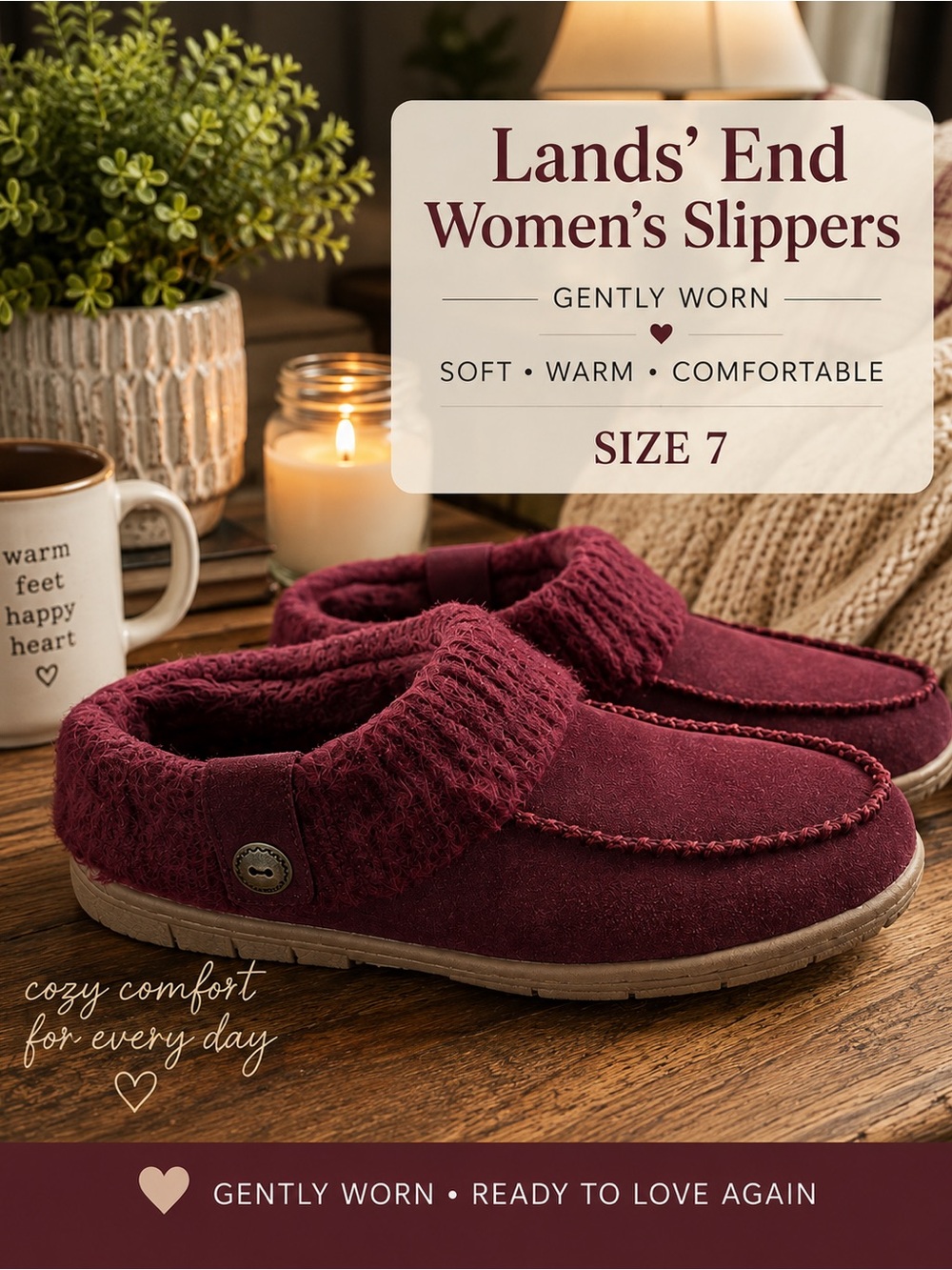 Lands' End Suede Rich Burgundy Plush Faux-Fur Slippers